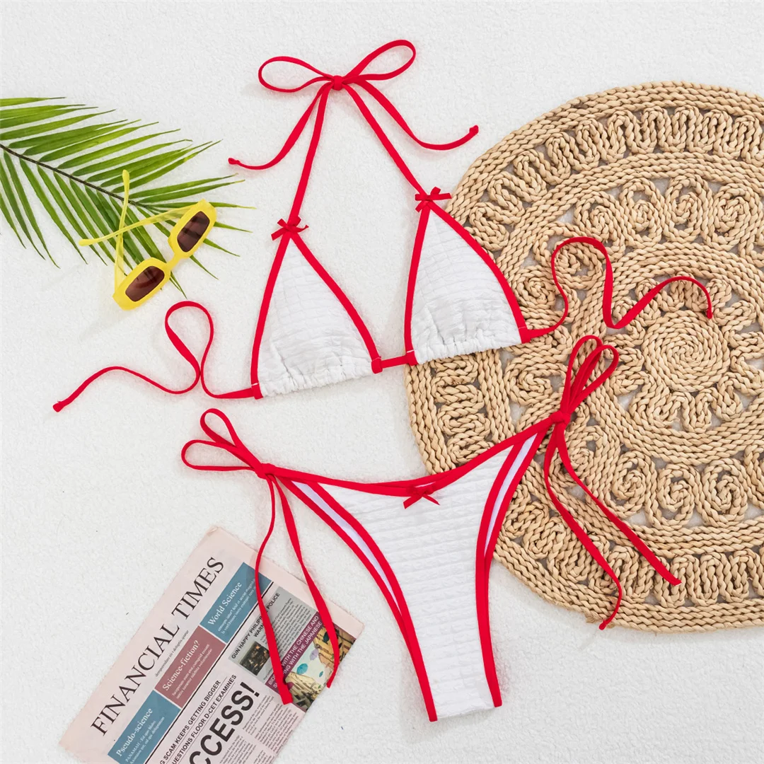 Sexy, geraffter Bikini mit Neckholder-Ausschnitt, Damen-Badebekleidung, zweiteiliges Bikini-Set, mit Trägern, gepolstert, Badeanzug, Badebekleidung, Modell V7610. – Detail 2