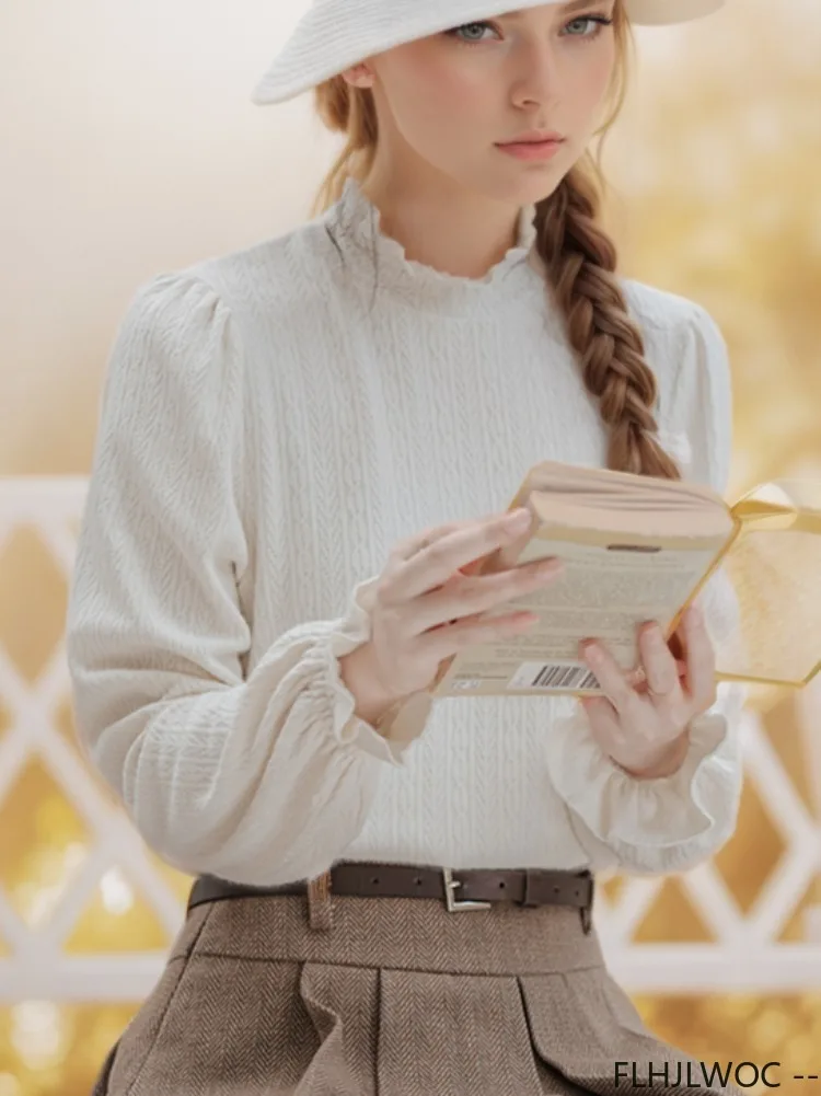 Lange Flare Mouw Halve Coltrui Tops Blouses Nieuw Ontwerp Vrouwen Schattige Ruches Japan Meisjes Stijl Effen Katoen Basics Shirts