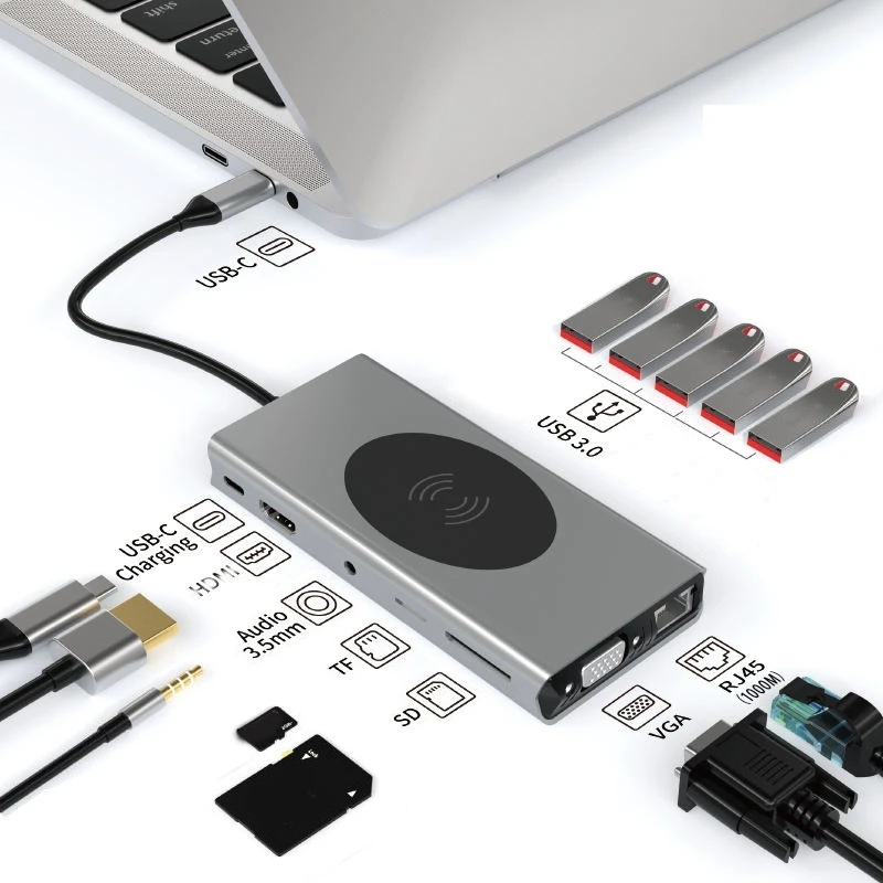 13-In-1 Type C Docking Station Adapter 15W Wireless Charger USB3.0Hub Hub PD100W Expander RJ45 Gigabit Network Card Easy Install