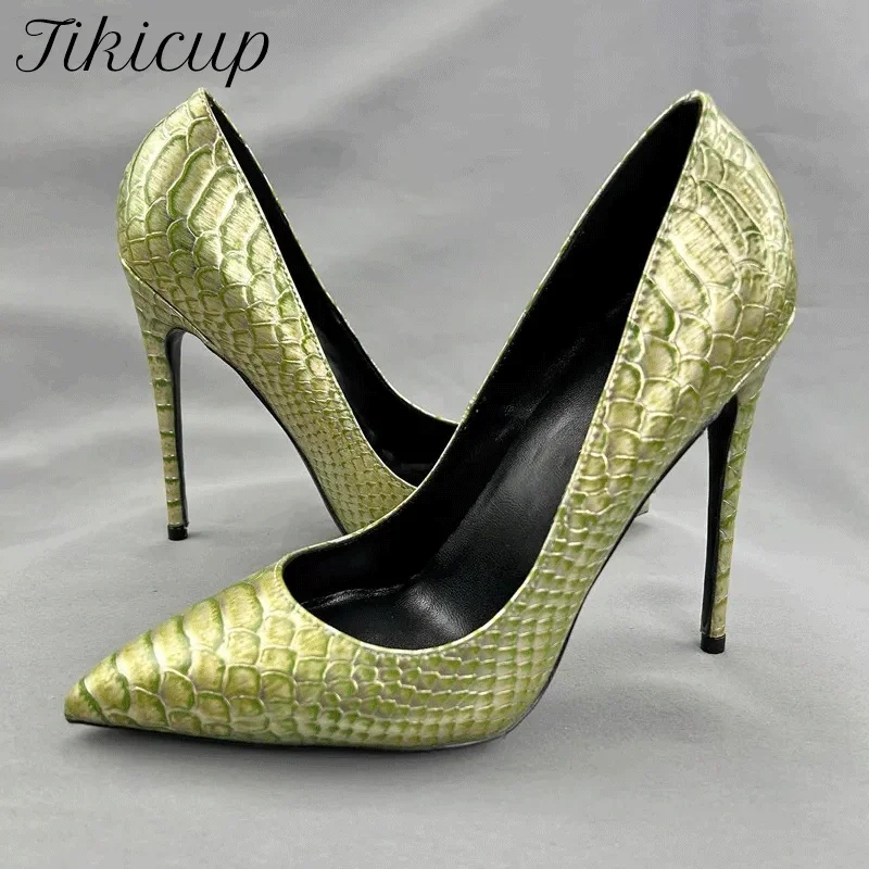 Tikicup تأثير التمساح الأخضر المرأة مدبب تو أحذية عالية الكعب أسود داخل مثير الانزلاق على مضخات خنجر للحزب ، مكتب سيدة