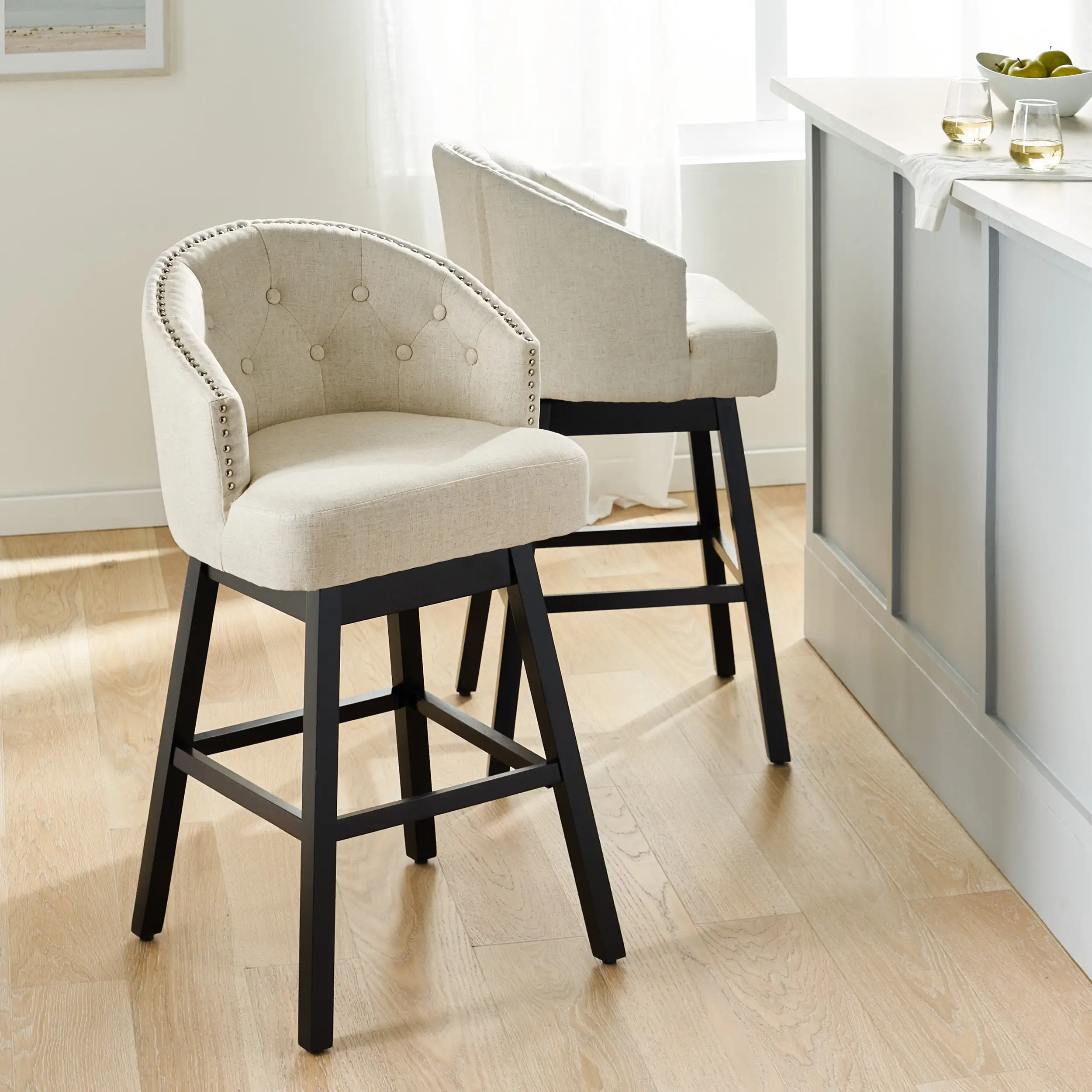 Bentley Indoor Beige Bar Stool (Set of 2) It Has A Wide Base That Is Very Stable and Strong 80% Polyester and 20% Linen