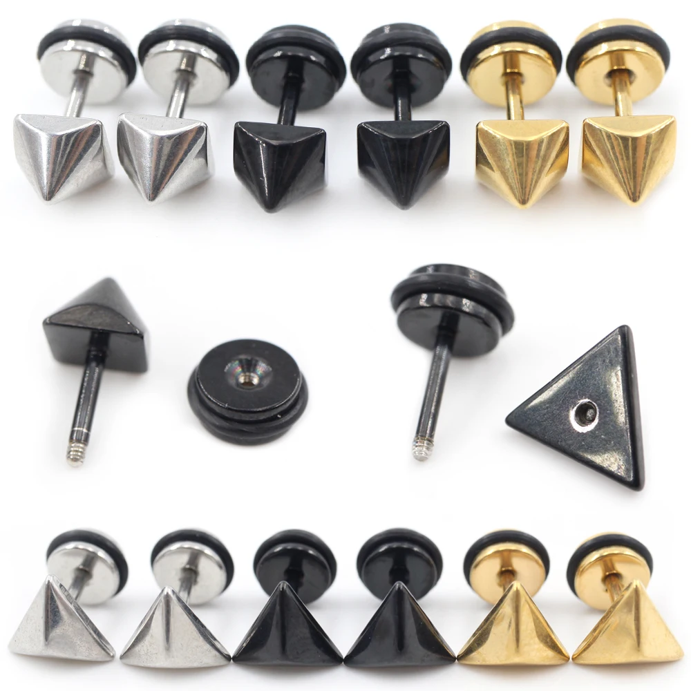 Alisouy 2PCS Stainless Steel Square Triangle Pyramid Threaded Unisex Women Men Girl Ear Stud Earrings Cartilage Piercing Jewelry
