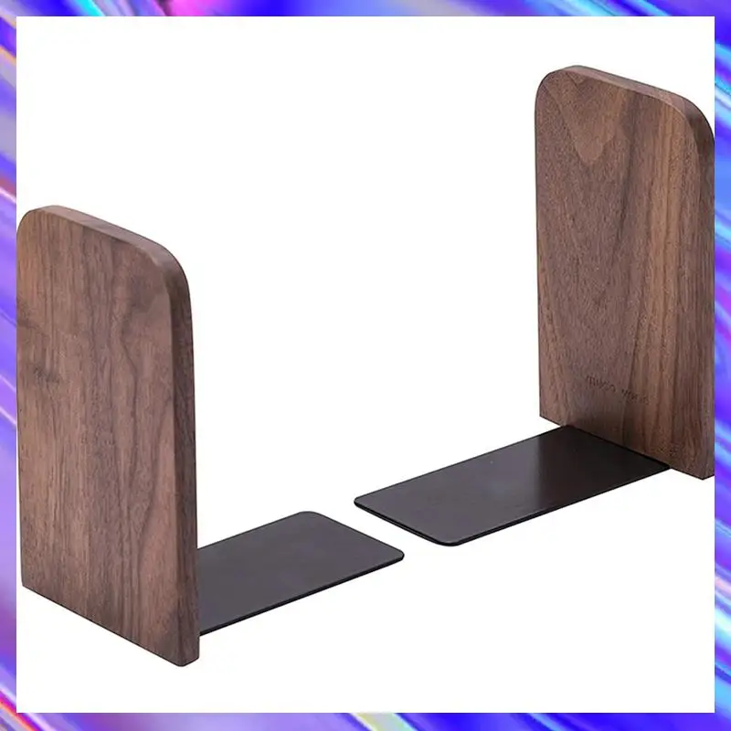 

6Pcs Wooden Bookends With Metal Base Heavy Duty Black Walnut Book Stand With Anti-Skid Dots For Office Desktop