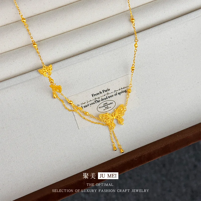 

Роскошное ожерелье из чистого золота 24 карата 9999, изысканное полое шелковое ожерелье с кисточками и бабочкой, женская цепочка на ключицы