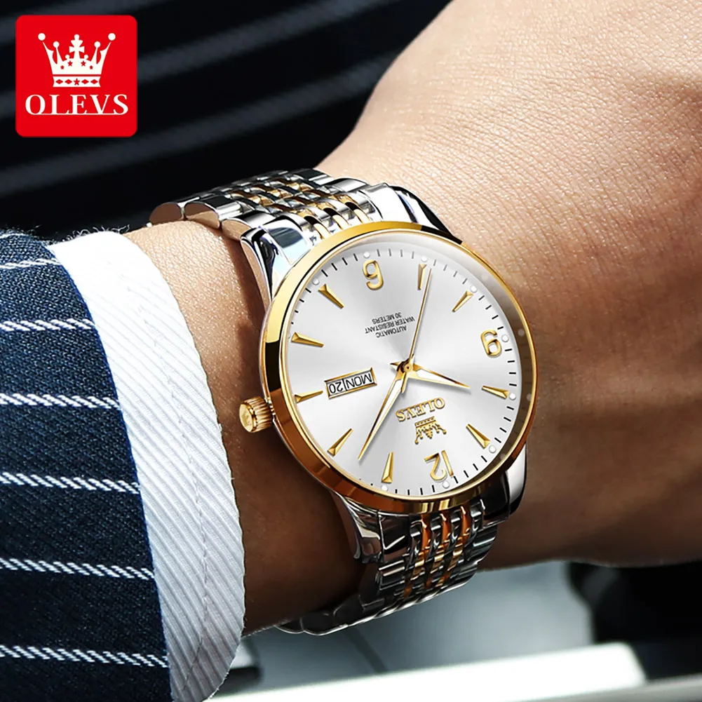 OLEVS 9928 Men\'s Watch Fashion Waterproof Calendar Automatic Mechanical Watch Luxury Gold Stainless Steel Casual Men\'s Watch