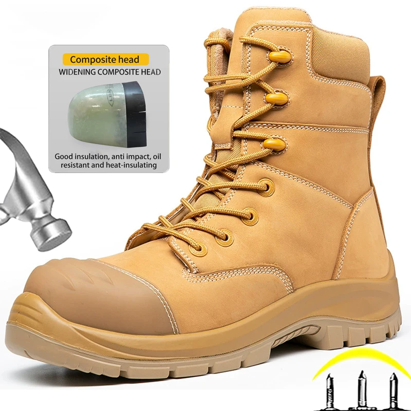 Botas de seguridad de calidad, zapatos para hombre, botas de trabajo de piel de vaca, zapatos de protección con cremallera lateral, zapatos indestructibles, botas de seguridad a prueba de pinchazos