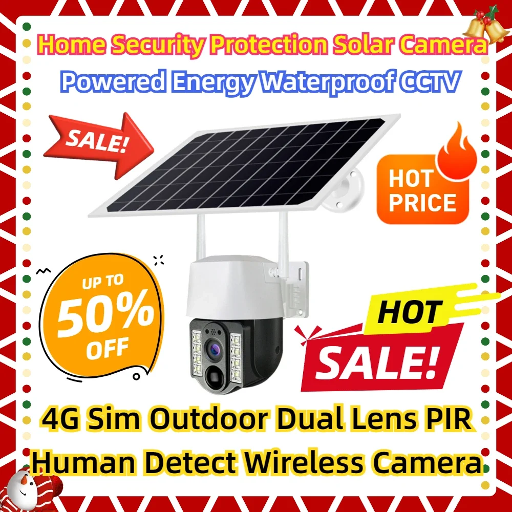 4G Sim Outdoor Dual Lens PIR Human Detect Wireless Camera Powered Energy Waterproof CCTV Home Security Protection Solar Camera