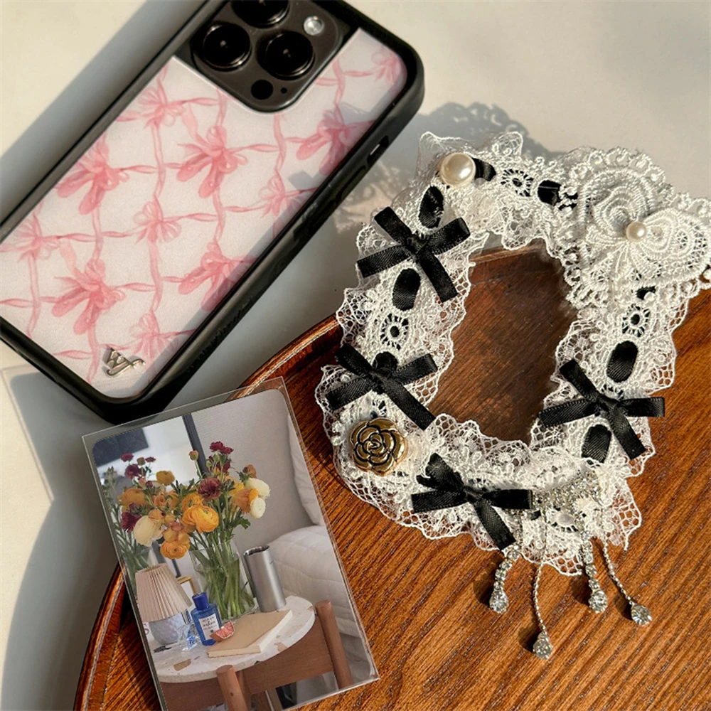 3 Inch Bowknot Lace Decor Card Sleeve Handmade Transparent Card Holder Idol Photo Protective Case For Girls Students Supplies