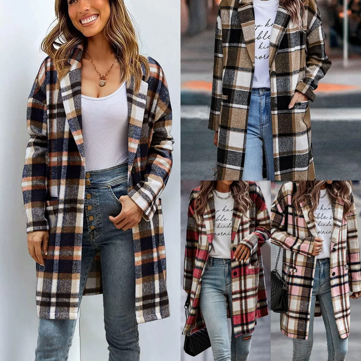 

Women 2023 Plaid Jacket Mid Length Trench Coat Fall Wool Pea Coat with Pockets