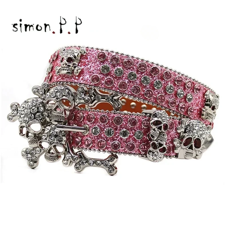 BIG SKULL  Shiny Diamond Leather Strap Western Belts Fashion Rhinestone Studded Belt for Women Men High Quality Cinto Waist