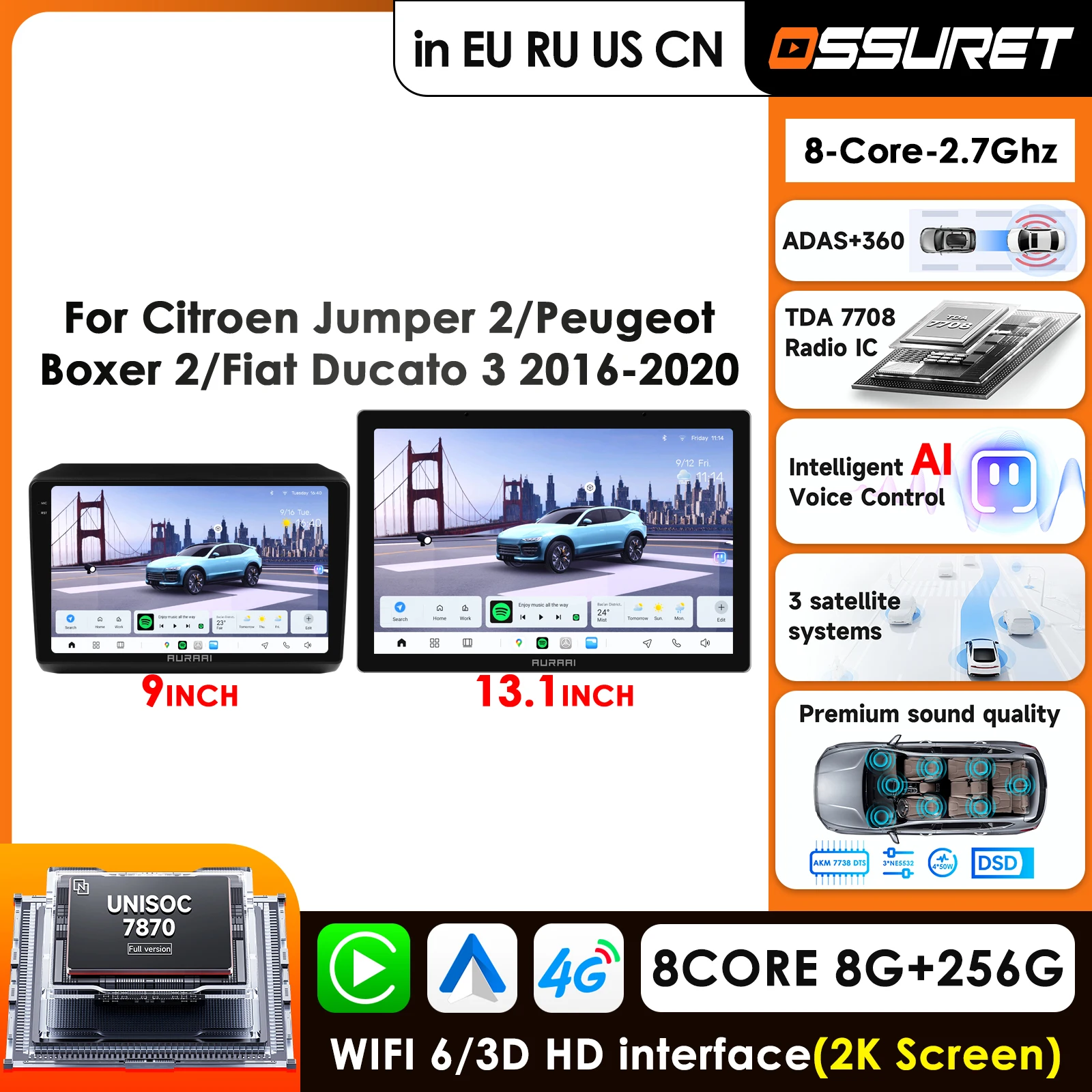 

13.1'' 2K Display Screen GPS for Fiat Ducato Peugeot Boxer 2 Citroen Jumper 2 2016-2020 Car Radio 4G Carplay Android Auto AI BT