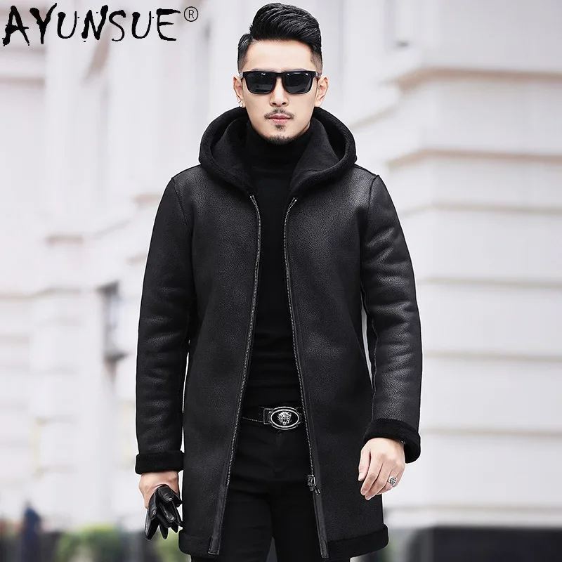 

AYUNSUE Real Fur Coat Men Clothing 100% Wool Coat Hooded Parka Winter Leather Coat Mens Jackets Hommes Veste 2021 LXR948