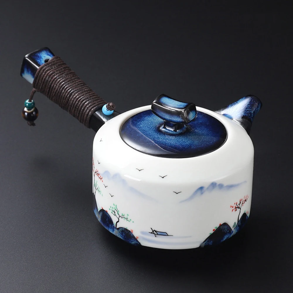 Temmoku glazed side handle teapot, Home hand drawn landscape tea maker, Retro style ceramic tea kettle, Kiln transformed tea set