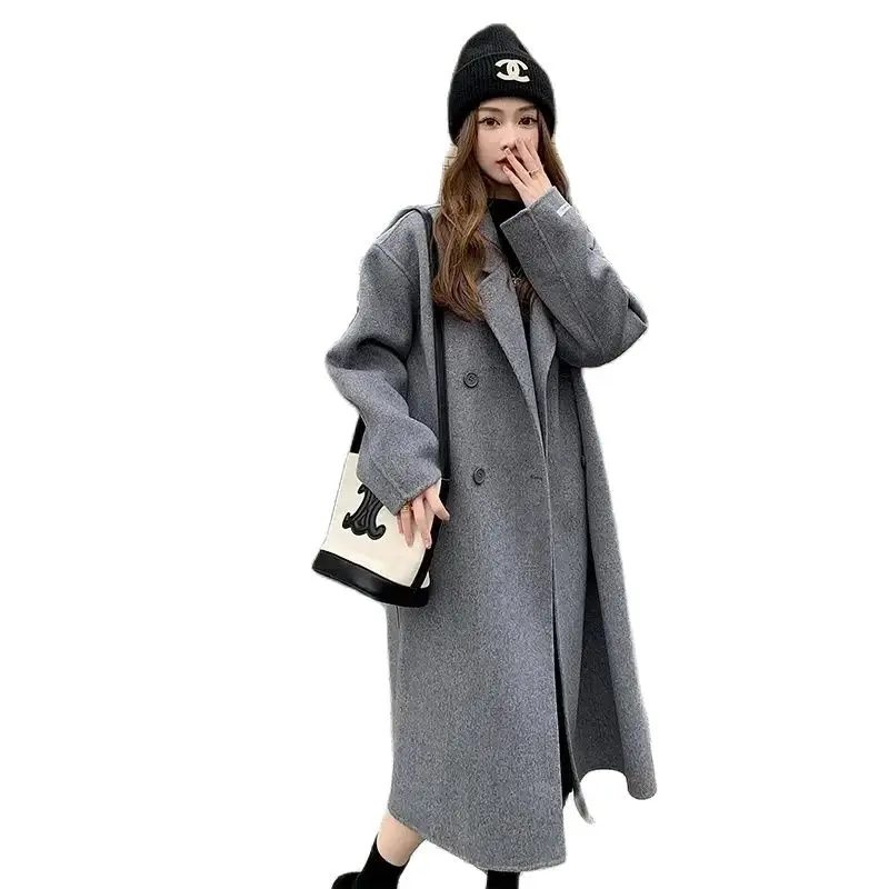 

Autumn Winter Mid-Long Woolen Overcoat Women 2023 New Fashion Loose Elegant Coat Suit Collar Pure Colour Jacket Outerwear Female