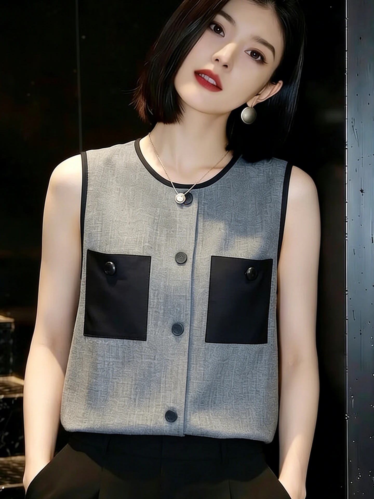 Commute Style Sleeveless round Neck Vest Fashionable Small Audience Contrast Color Vest Comfortable Casual Women's Wear