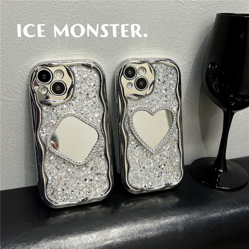 Lovebay Glitter 3D Love Heart Mirror Cream Grain Edge Phone Case For iPhone 15 14 13 12 11 Pro Max XS XR Electroplate Soft Cover