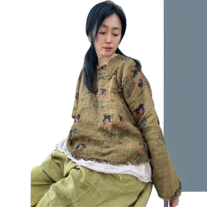 

Литературные летние весенние блузки Ramie три четверти, женские винтажные рубашки и топы с принтом, свободные Blusa Feminina, женская одежда