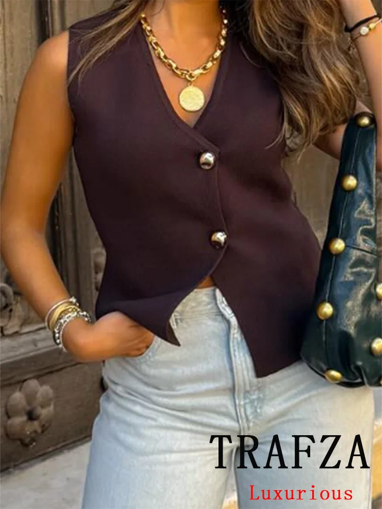 TRAFZA Vintage Casual Chic Women Tops Solid V-Neck Single Breasted Sleeveless Vest New Fashion 2024 Autumn Holiday Female Tops