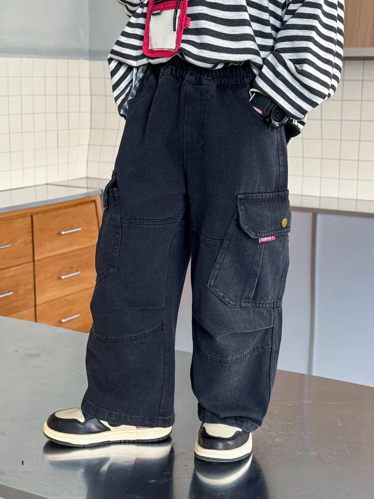 

Прямые брюки для мальчиков со свободными брюками-карго с несколькими карманами, подходящие для весны и осени, детские брюки, детские джинсы для мальчиков, От 2 до 11 лет