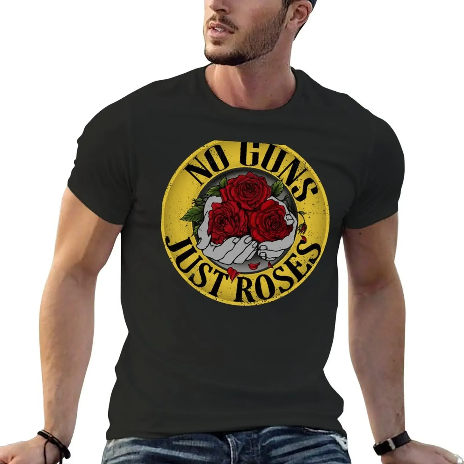 

No guns, just roses, Hand holding Roses in Rockstyle, Anti Gun Quote T-Shirt man clothes Aesthetic clothing Short sleeve tee men