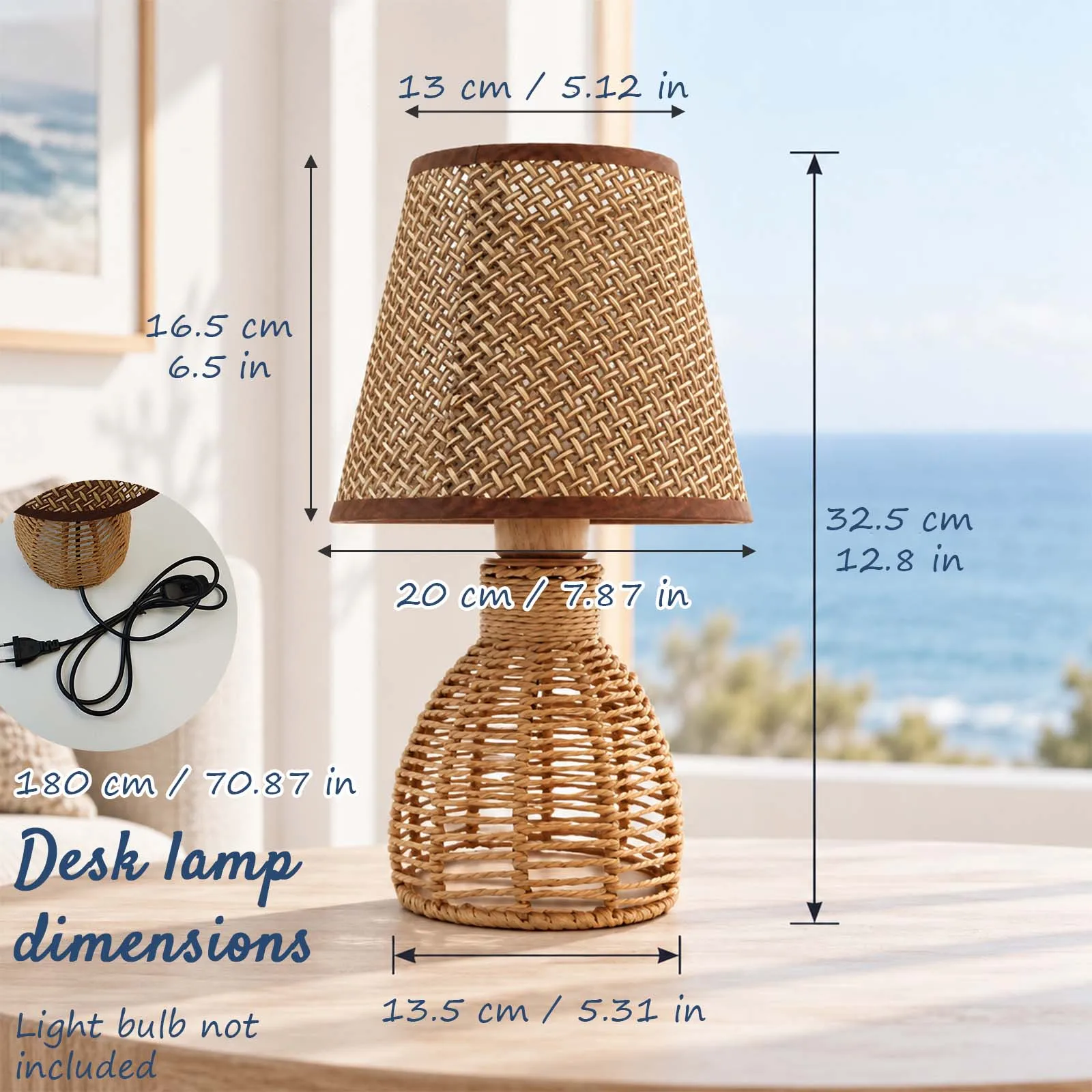 Natural Woven Rattan Table Lamp Brown Diagonal Shade Gourd Base E27 Bedroom Decor