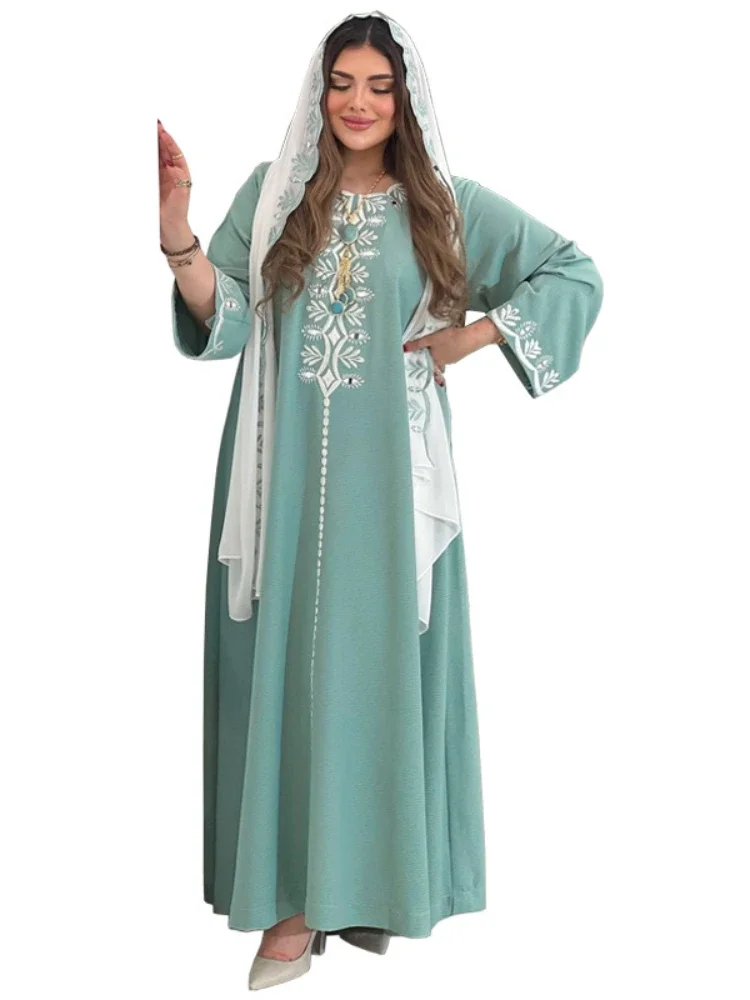 Eid Ramadan muślinowa sukienka imprezowa z czystym szalikiem kobiety Abaya Abayas Dubai Islam wieczorowa sukienka Kaftan szata Longue Vestidos Largos