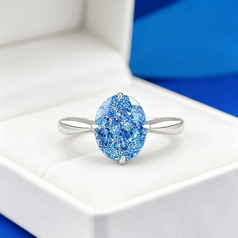 2026 New Luxury white gold solid platinum PT950 medium sea blue ice crack 8*10mm oval ring for women summer ocean