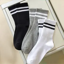 3 Pairs Women's Mid Tube Socks Fashion Breathable Sports Socks Classic Parallel Bar Pattern Sweat Wicking Non Pilling Girl Socks