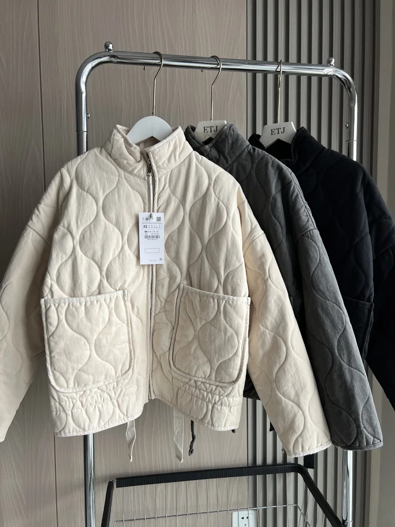 Women's Polyester Padded Jacket 2026New Arrival Vintage Lenzing Rayon High Collar Large Pocket Decorative Quilted Coat for Women