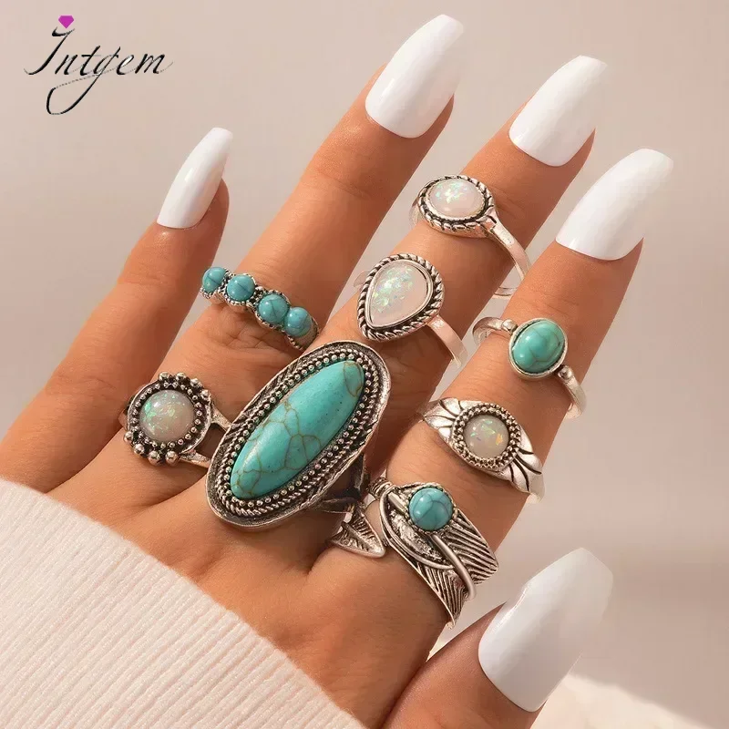 8 PCS Bohemian Women's Ring Set Silver Color Vintage Turquoise anillos mujer Anniversary Birthday Fashion Friendship Gift