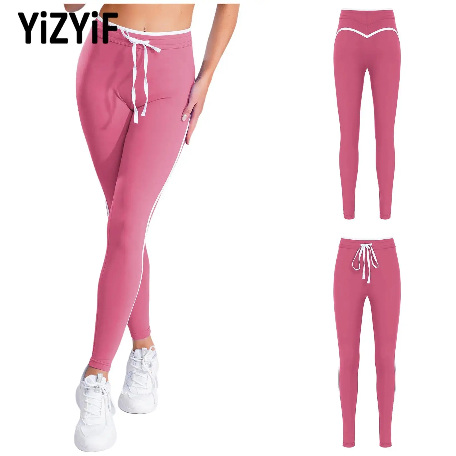 New Womens Yoga Leggings Elastic Waistband with Drawstring Stripes Compression Tights Long Pants for Gymnastics Cycling Jogging