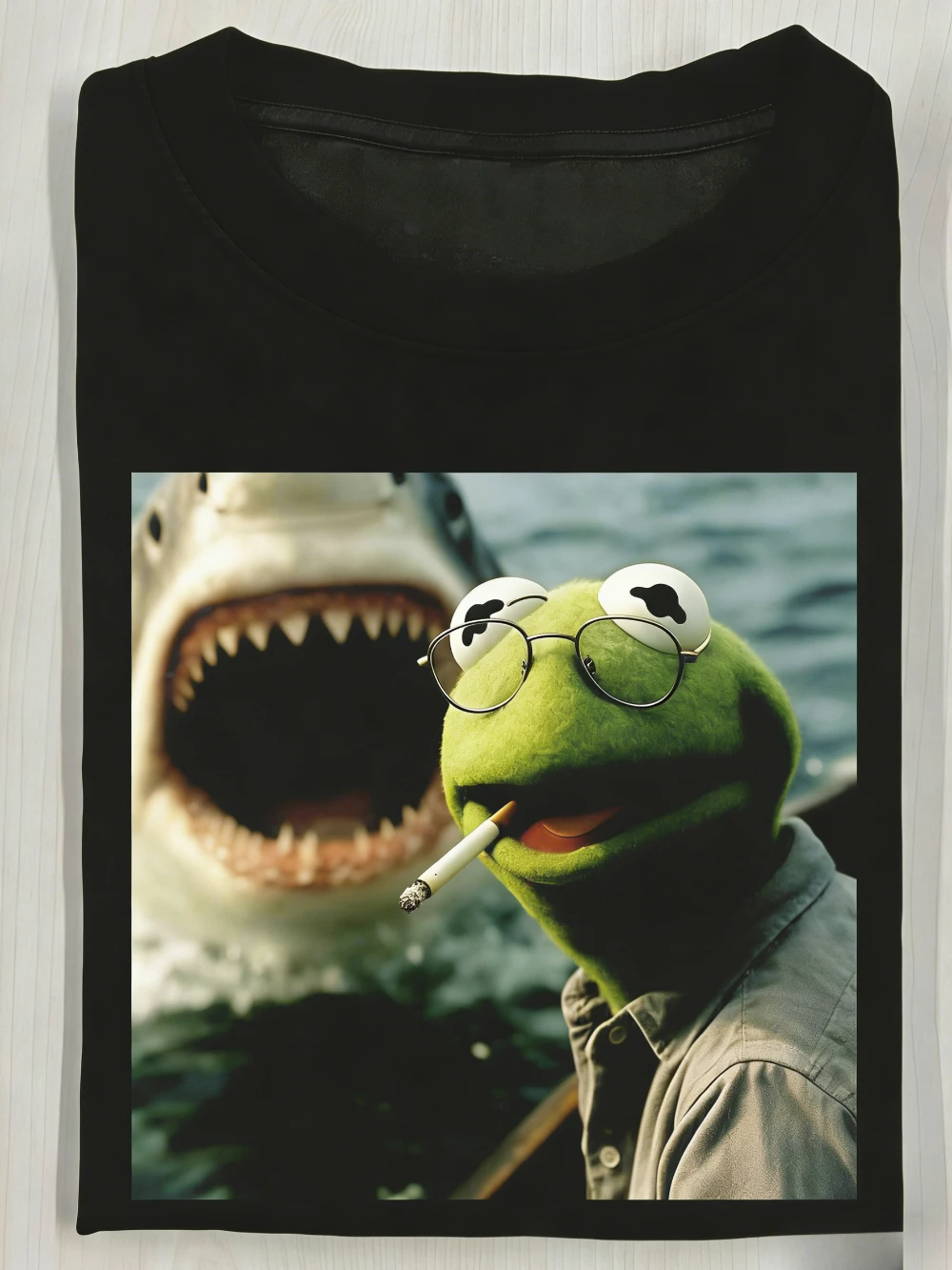 Com estampas do Sapo Kermit e do Tubarão - Camiseta de manga curta com design de brinquedo de pelúcia, adequada para trajes casuais, durável.