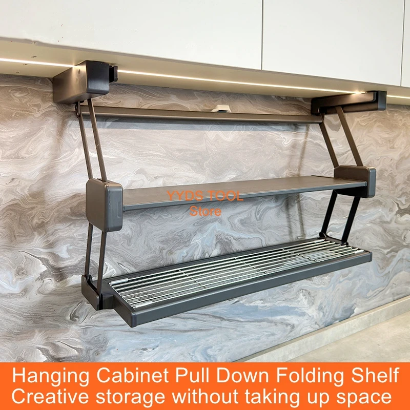 

Kitchen double pull-down folding shelves household hanging seasoning dish storage rack top mounted lift pull basket