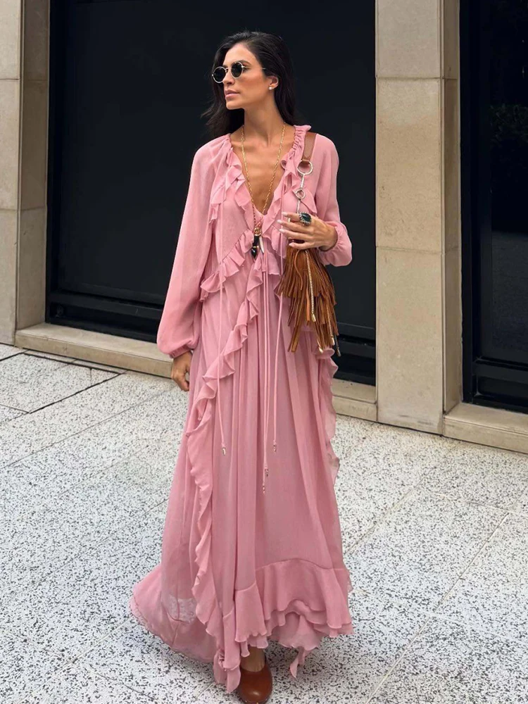 

Ruffles Summer Spring Women's Dress Long Sleeve Maxi Casual Loose Vestidos Female Long Dresses New in V Neck Pink Dress Party