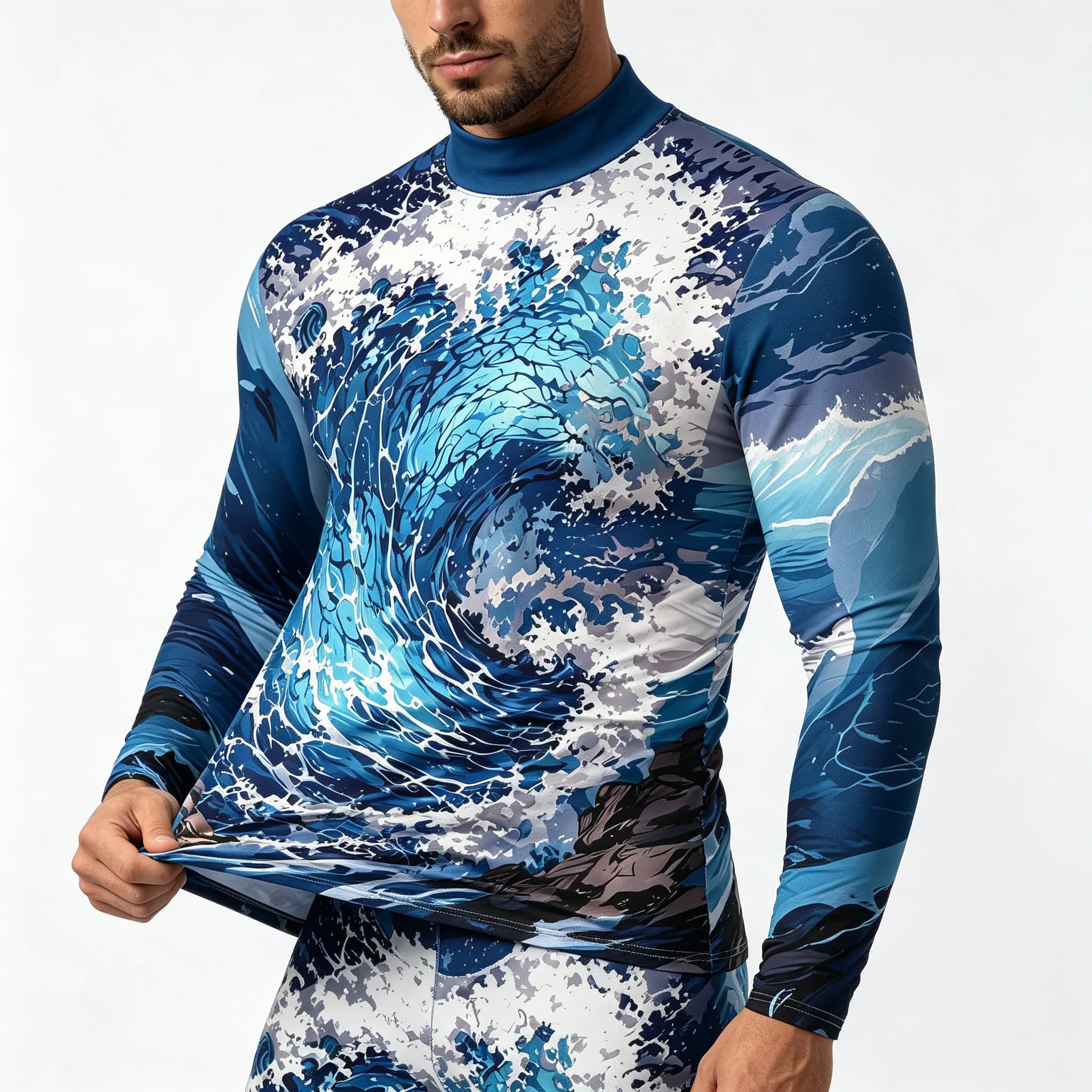 Vintage Ocean Surf Wave Print Men Mock Neck Long Sleeve Tee Nature Landscape Graphic Top For Daily Casual Wear - view 2