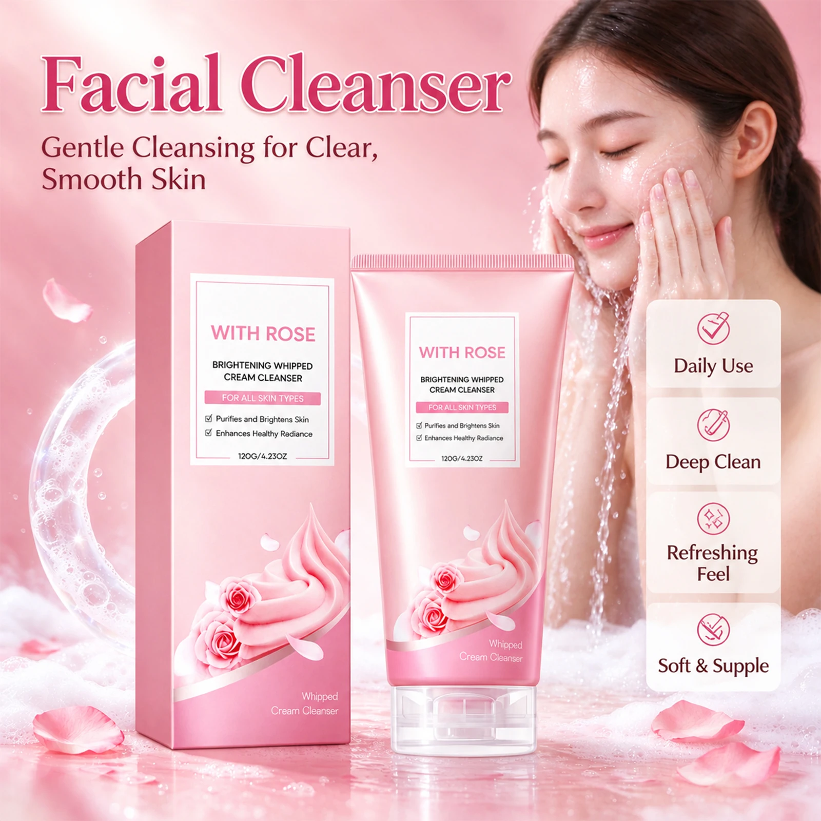 Rose Brightening Facial Cleanser Purifying Skin Removes Surface Dirt Oil Control Smoothing Refreshing Foaming Facial Cleanser