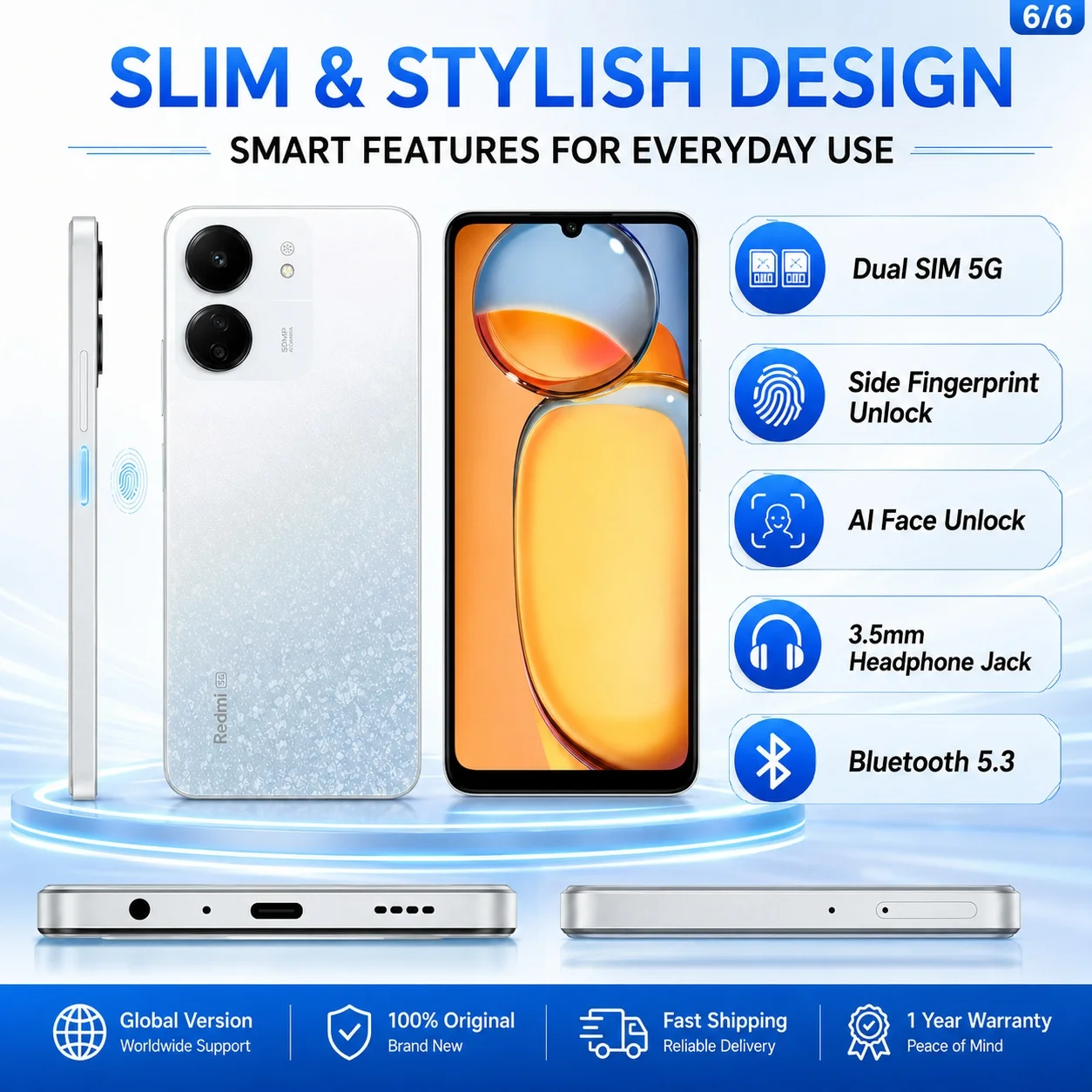 2026 new Redmi 13C 5G 8GB+256GB Smartphone, Dimensity 6100+, 6.74-inch 90Hz Display, 50MP AI Camera, 5000mAh, 18W PD Fast Charge