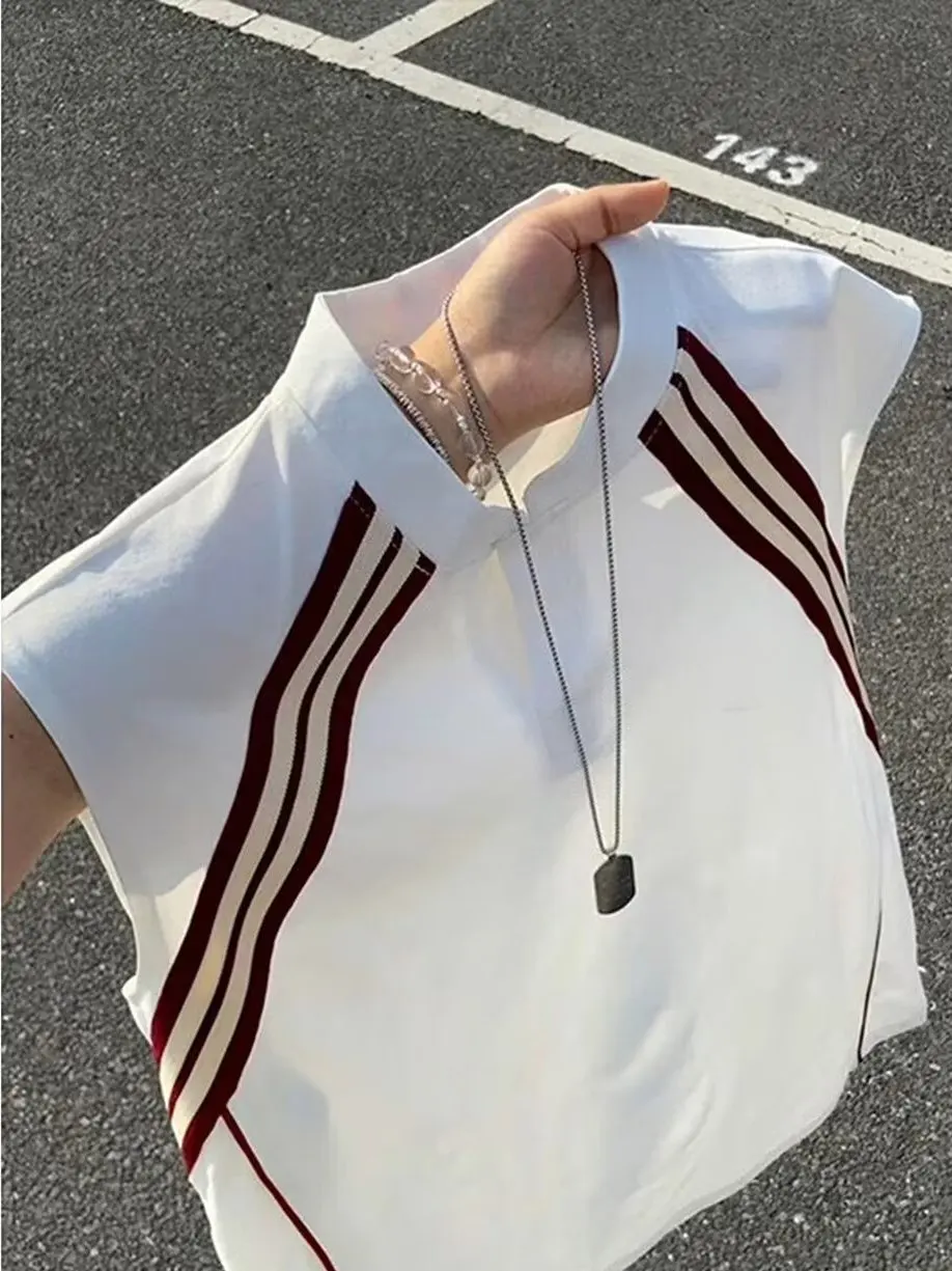 American Retro Color Block Three Stripe Vest Men's Summer Ice Silk Quick Dry Sleeveless T-Shirt Loose Shoulder Pad Sports Top