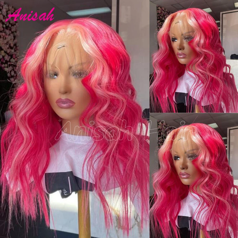 

Pink Highlight Hd Transparent Lace Front Wig Human Hair Preplucked Brazilan Remy Hair Wavy Lace Closure Frontal Colored Wigs