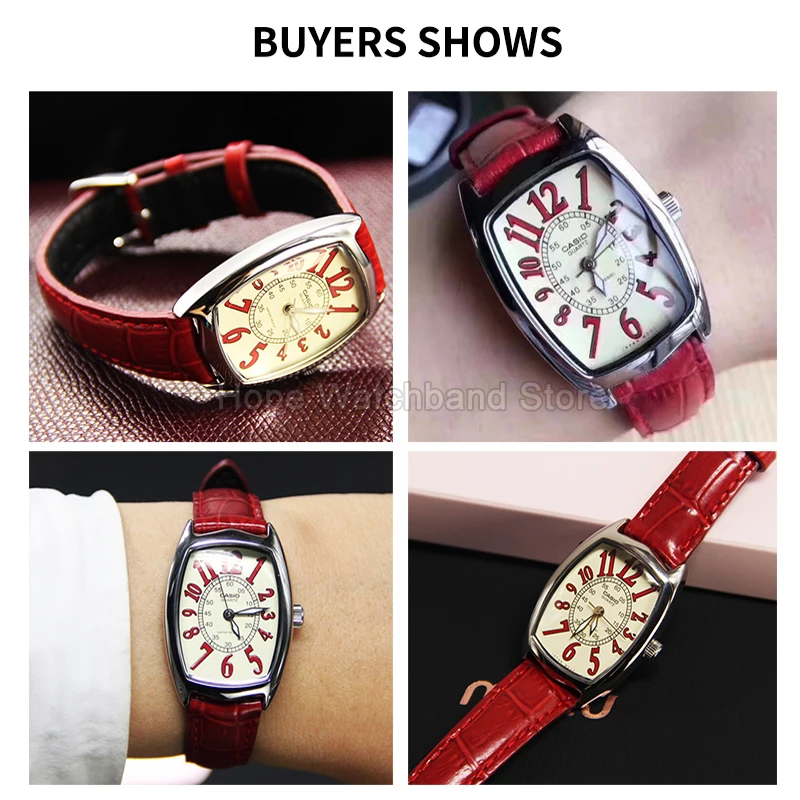 Cinturino per orologio da donna in pelle di vacchetta cremisi conciata vegana per fibbia in acciaio inossidabile con interfaccia piatta Casio LTP-1208E-9B2 ​ ​   14 mm