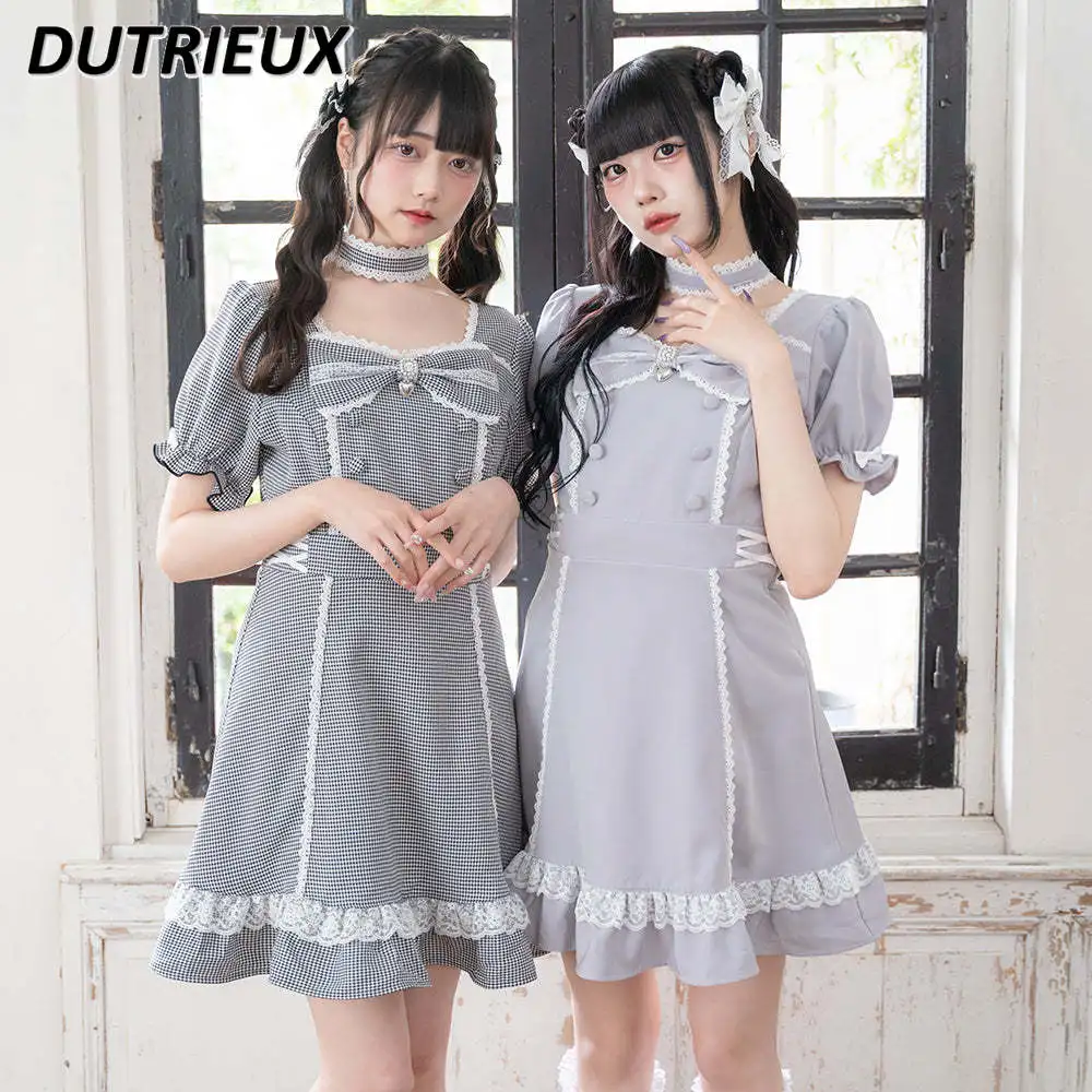 Japanese Heavy Industry Lolita Temperament Short Sleeve Dress Sweet Lace Patchwork Retro Bow Slimming Dresses Free Bandana