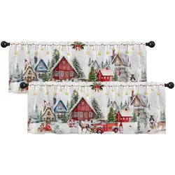 2 Pack Valances Window ,Christmas House Deer Tree Drapes Adjustable Curtain Valances for Windows Living Room Kitchen Sink Above