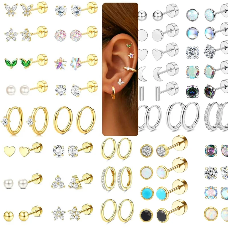 Pendientes de aro de acero quirúrgico hipoalergénico, conjunto de aros, Piercing para cartílago del trago, pendiente trasero plano para joyería de mujer