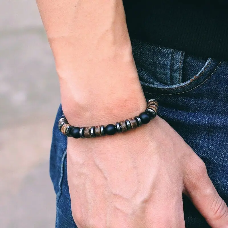 New Vintage Men Bracelet Stone Natural Wooden Braclet Homme Hematite Tiger Eyes Braslet Coconut Bead Brazalete Pulsera Hombre