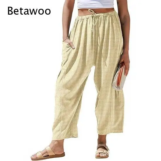 Elastic Waist Gingham Vertical Stripe Loose Fit Hidden Side Pocket Wide Leg Trousers Ideal for Strolls Dates and Casual Outdoor