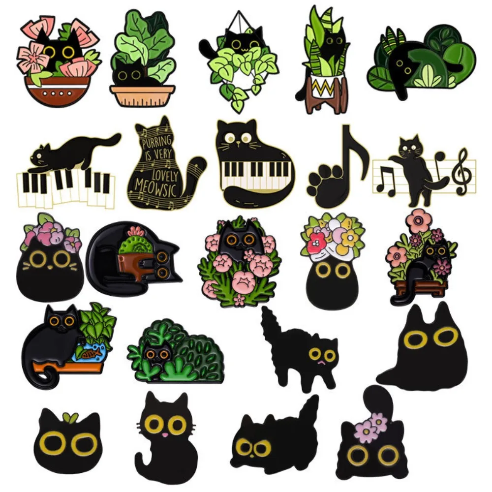 Black Cats Enamel Pins Big Eyes Kitten Brooches Lapel Badges Floral Animal Cartoon Funny Jewelry Gift for Friends