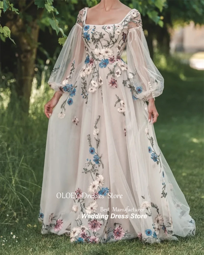 OLOEY-vestido de noche de una línea Floral elegante, apliques de cuello cuadrado, manga corta, vestido de graduación, una línea, Princesa, ajuste, vestidos formales