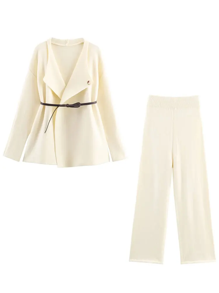 HH المرأة عادية الصلبة محبوك مجموعات طويلة الأكمام سترة معطف مع حزام مرونة الخصر سليم مستقيم السراويل الخريف مكتب سيدة الدعاوى