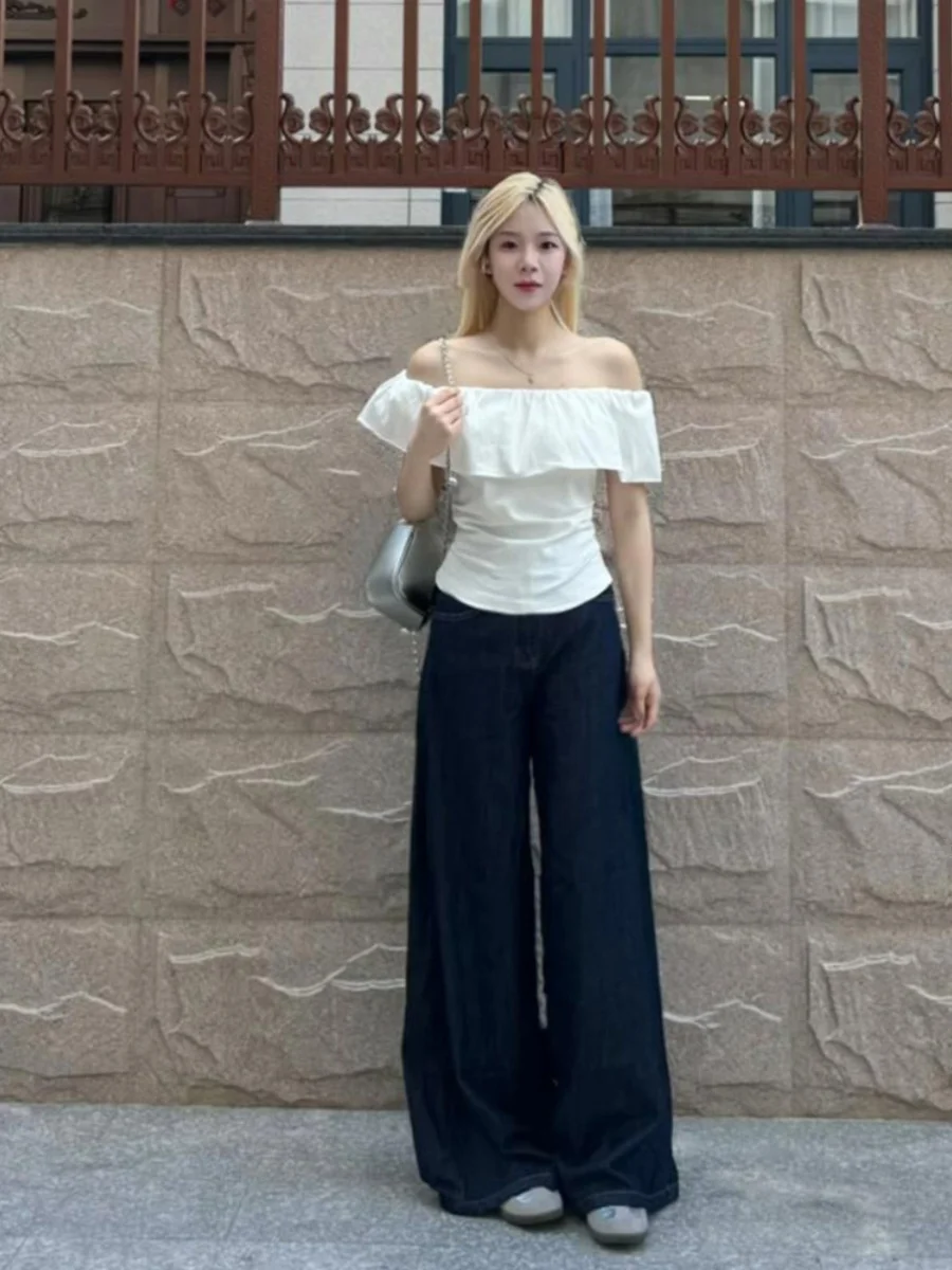 일레 원숄더 노출된 쇄골 오르트-스베 티셔츠 여성 여름 슬림핏 오르트 슬레 젠틀 로터스 레 탑 트렌디