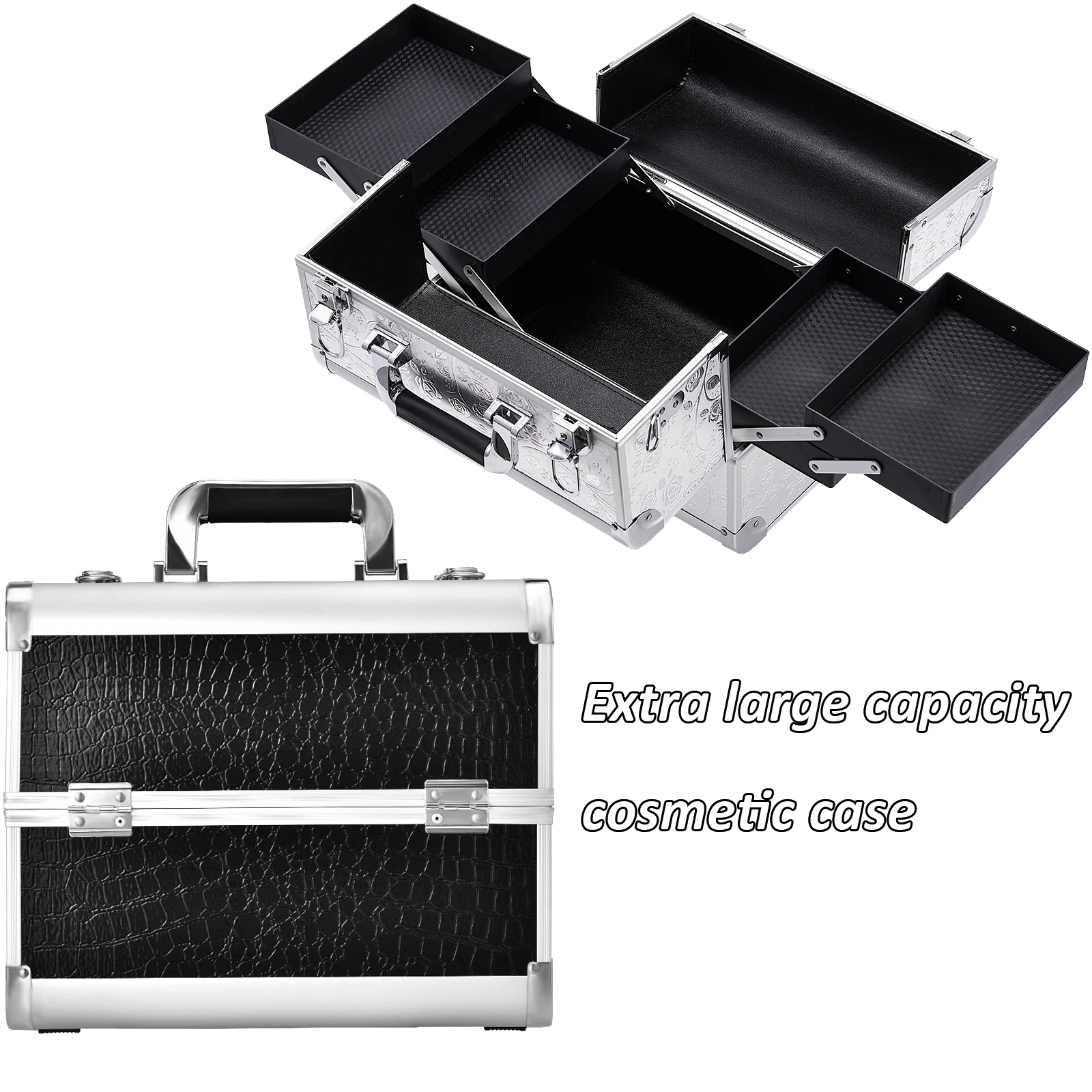 

Professional Makeup Case Large Capacity Nail Jewelry Cosmetic Storage Organizer Box 4 Wide Trays Lockable with Shoulder Strap